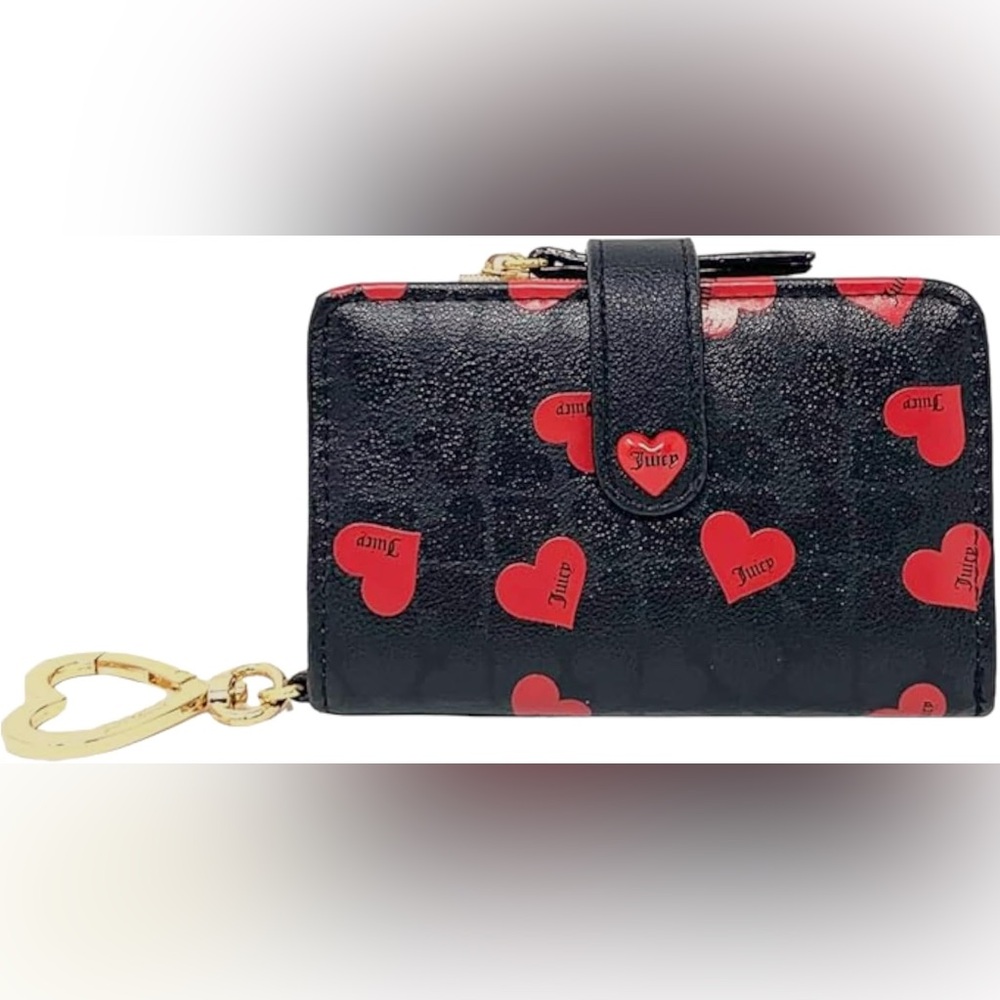 Juicy Couture Tab Card Case Wallet with Keyring Heart Liquorice Red Black
